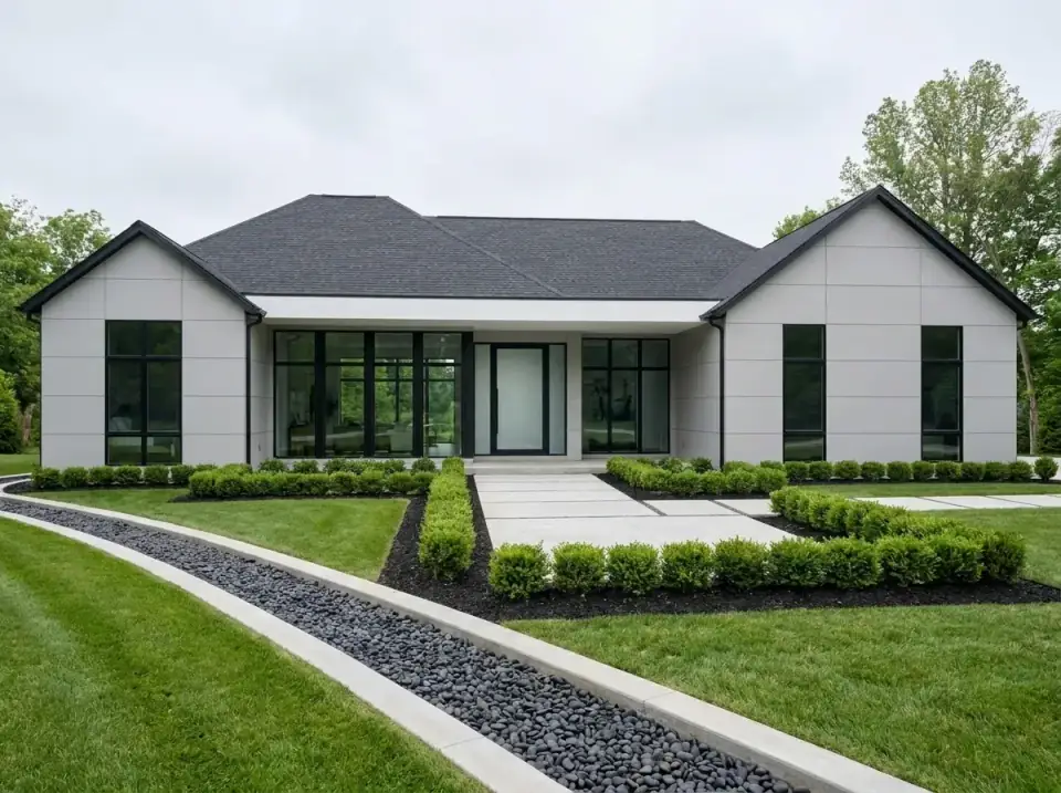 Minimalist contemporary ranch with large-format smooth siding, sharp rooflines, and black-framed glazing