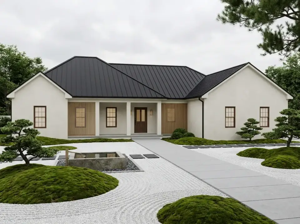 Off-white stucco ranch with dark metal roof, vertical wood slat screens, and a raked gravel Zen garden