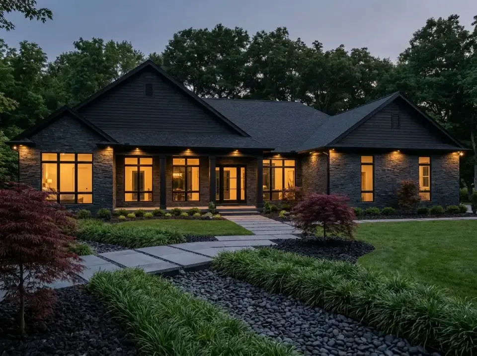 Dark charcoal horizontal siding ranch with stacked stone veneer, large black windows, and moody planting