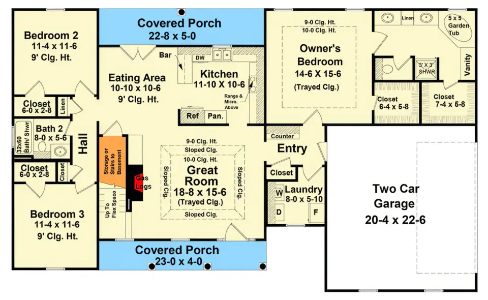 Single-story ranch main floor plan with split bedrooms, central Great Room, and rear covered porch on plan 51384MM