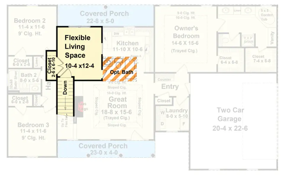 Upper-level bonus room layout with optional bathroom and closet above the main level of ranch plan 51384MM