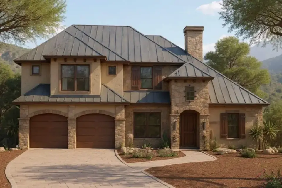 Rendered exterior of transitional two-story plan 54062LK with mixed horizontal siding and stone veneer around the arched entry and chimney, a dark standing-seam metal roof, black-framed windows, and carriage-style garage doors