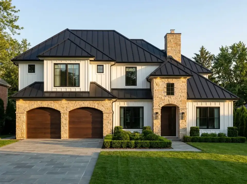 Plan 54062LK as a transitional modern farmhouse with white board-and-batten siding, dark standing-seam metal roof, black window frames, stone veneer at the arched entry and chimney, and clipped boxwood landscaping