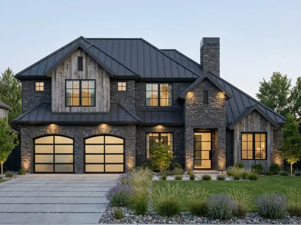 Plan 54062LK as a rustic mountain industrial home with dark grey stacked stone cladding, vertical weathered wood gables, a dark metal roof, industrial garage doors with frosted glass, and drought-tolerant landscaping