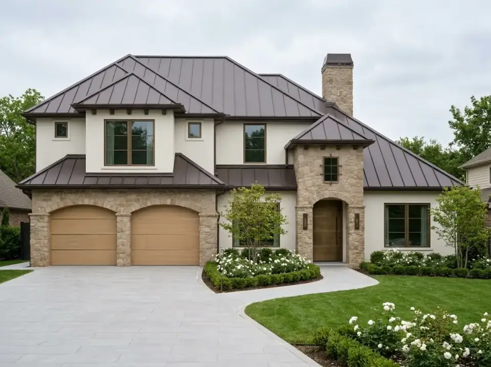 Plan 54062LK as a French country transitional home with smooth cream stucco, light fieldstone around the entry arch and garage, a bronze metal roof, wood-look garage doors, and a curved path lined with white roses