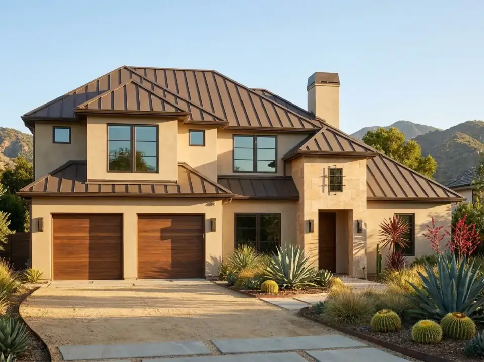 Plan 54062LK as a desert modern Mediterranean home with warm tan stucco, sandstone veneer, a bronze standing-seam roof, rich wood garage doors, and a desert garden of agave and barrel cactus in decomposed granite