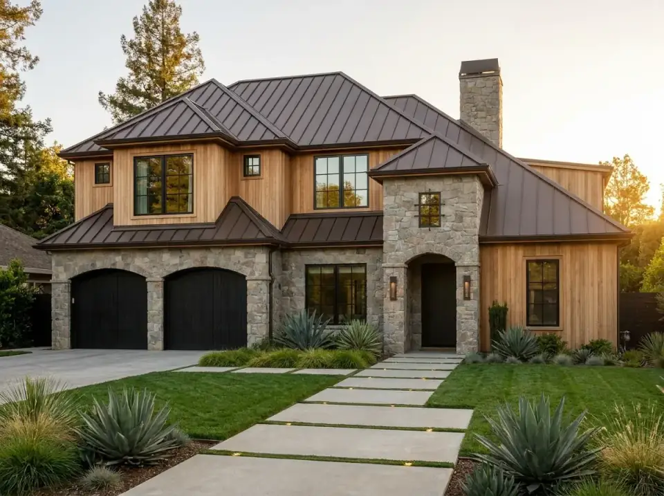 Plan 54062LK as an organic modern timber home with extensive vertical natural wood siding, grey stone veneer on the lower level and entry, a dark bronze metal roof, and a geometric concrete paver path with ground lighting