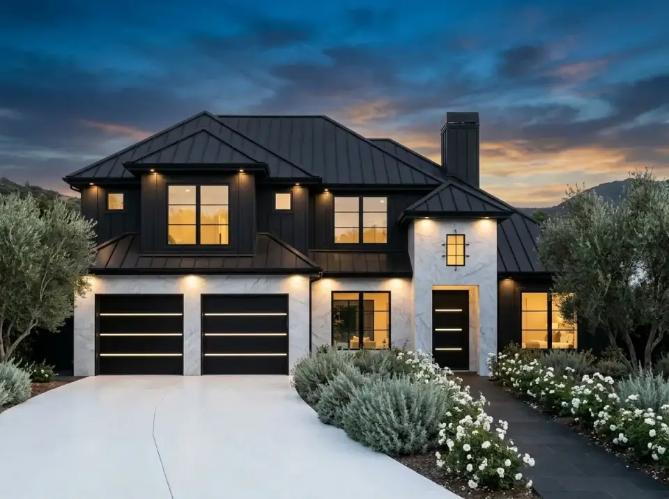 Plan 54062LK as an ultra-modern luxury home with black vertical siding and stucco, large-format white marble-look cladding on the garage and entry, integrated LED strip lighting, mature olive trees, and a dark slate walkway