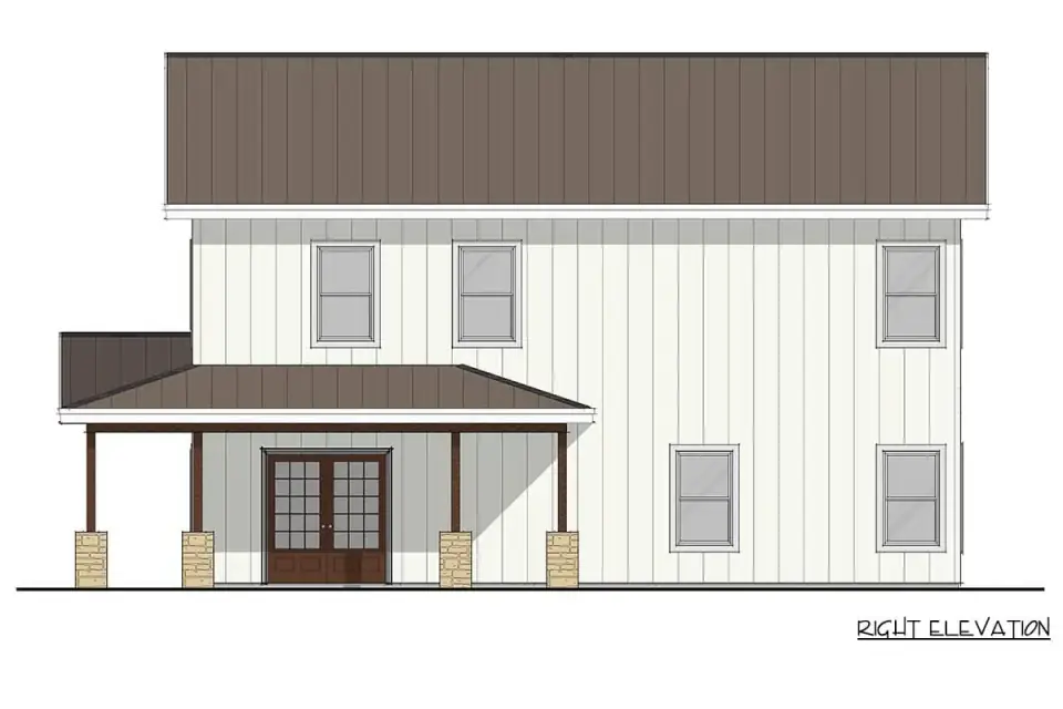 Front three-quarter view of barndominium plan 405153FDC showing the wraparound porch on three sides, exposed timber truss accents, vertical siding, stone porch piers, and dark metal roof with deep overhang
