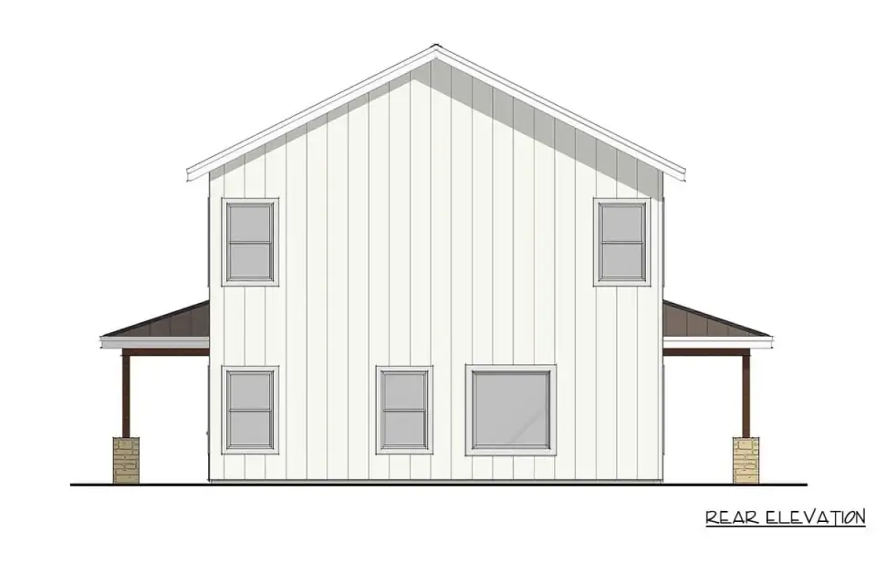 Side elevation of barndominium plan 405153FDC showing the two-story height, wraparound porch continuing along the side, upper-level secondary bedroom windows, vertical board-and-batten siding, and stone base course