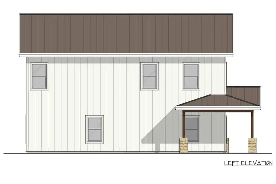 Rear elevation of barndominium plan 405153FDC with fewer window openings for energy and privacy, central gable, vertical siding, stone base, and dark metal roof