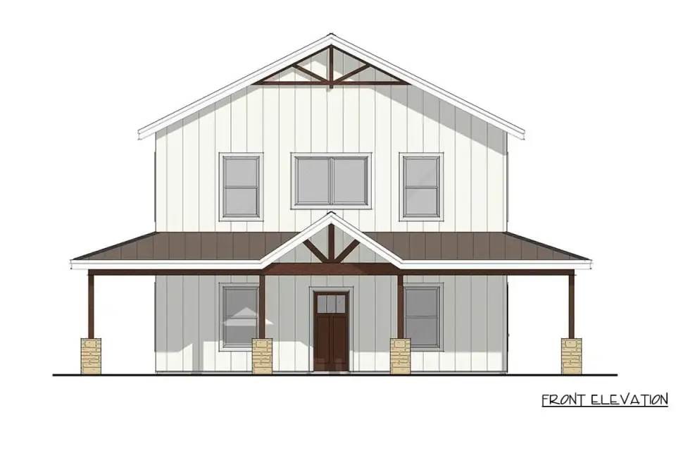 Detail view of barndominium plan 405153FDC porch and entry showing the exposed timber truss in the gabled entry bay, stone piers, wood porch ceiling, and double-hung windows above