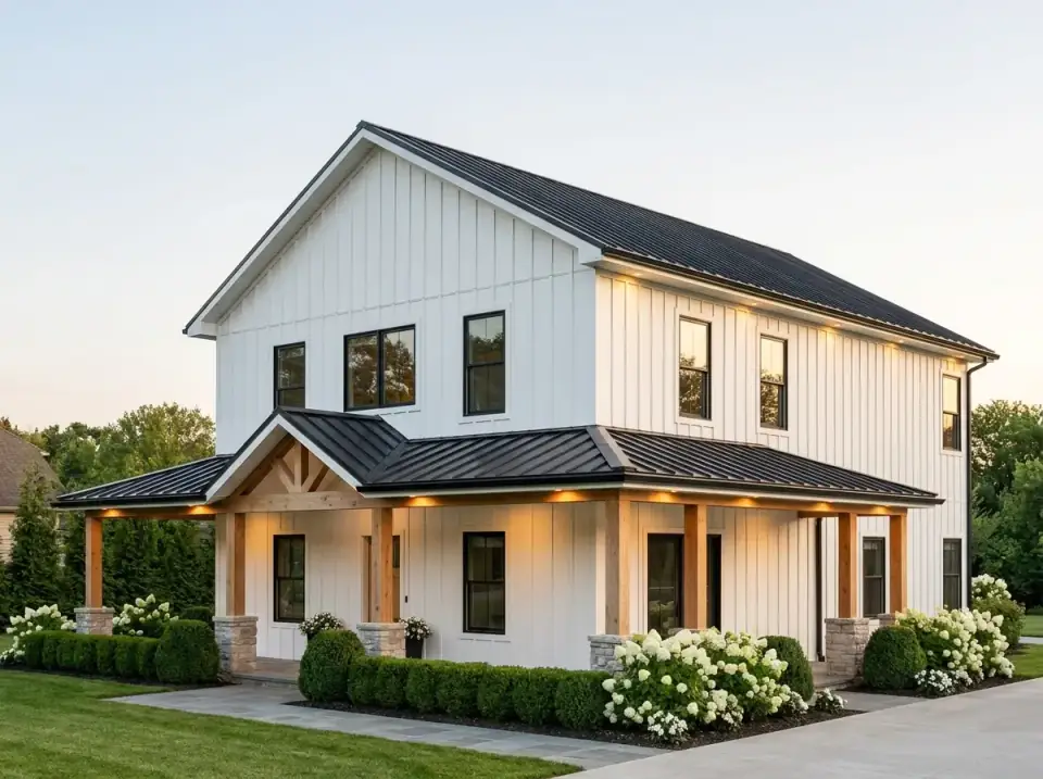 Modern farmhouse facade variant of barndominium plan 405153FDC with white James Hardie vertical siding, black PAC-CLAD standing-seam metal roof, black-framed Marvin windows, warm Western Red Cedar posts and timber truss accents, Hudson Valley fieldstone porch piers, formal Buxus hedges, and white flowering Annabelle hydrangeas