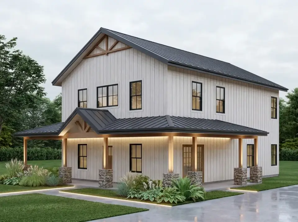 Contemporary farmhouse facade variant of barndominium plan 405153FDC with off-white board-and-batten siding, black PAC-CLAD metal roof, pronounced timber trusses, integrated LED soffit lighting, layered ornamental grasses and ferns, concrete walkway with subtle strip lighting