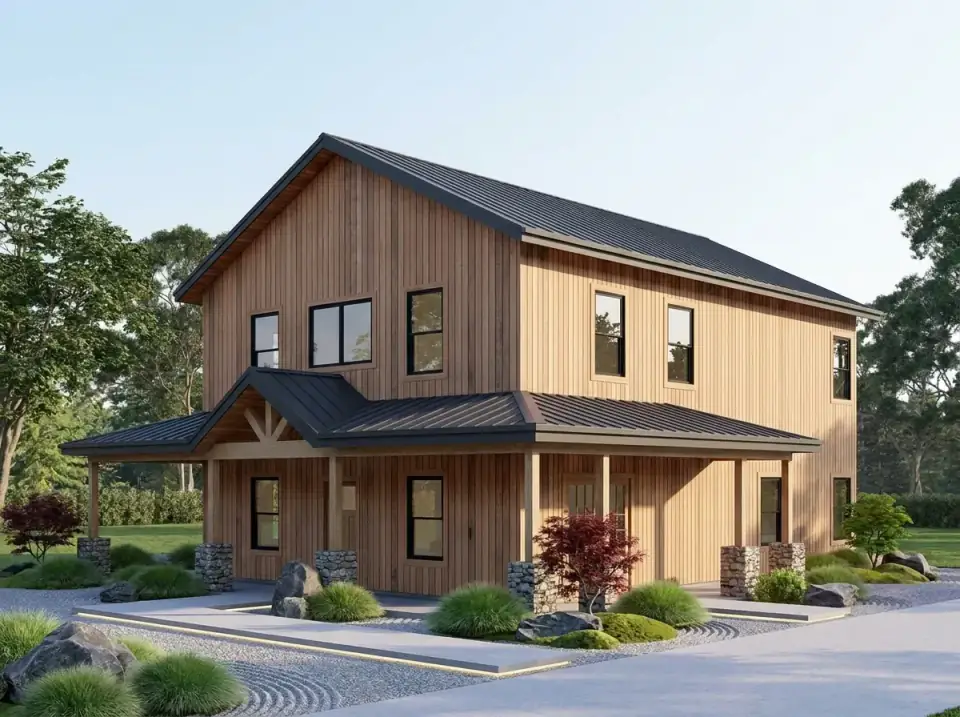 Natural Scandinavian facade variant of barndominium plan 405153FDC with clear-sealed natural cedar siding, black metal roof, restrained black window frames, stone column bases, raked gravel zen garden with specimen boulders, mounded grasses, and a single Acer palmatum Japanese maple