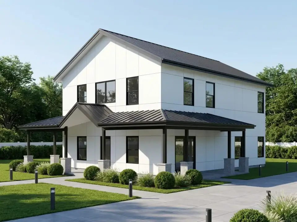 Modern minimalist facade variant of barndominium plan 405153FDC with large-format smooth white Equitone Tectiva panels, black PAC-CLAD standing-seam metal roof, black Marvin Modern fenestration, dark wood posts meeting grey masonry piers, clipped spherical Buxus shrubs, permeable concrete pavers, and bollard lighting in strict geometry