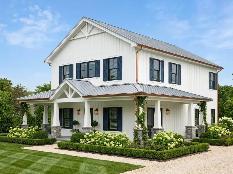 Classic traditional farmhouse facade variant of barndominium plan 405153FDC with white James Hardie board-and-batten siding, grey metal roof, copper gutters and downspouts, navy louvered shutters, white tapered porch columns with stone bases, climbing English ivy, boxwood parterres, gravel paths, and limelight hydrangeas