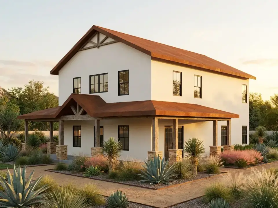 Southwest desert modern facade variant of barndominium plan 405153FDC with white three-coat stucco finish, rusted corrugated Cor-Ten steel roof and porch soffit, rough-hewn timber posts, natural stone piers, xeriscaped agave and yucca planting, desert grasses, and decomposed granite pathways