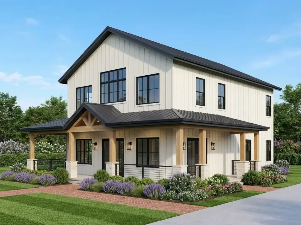 Transitional cottage facade variant of barndominium plan 405153FDC with cream-colored James Hardie board-and-batten siding, black PAC-CLAD metal roof, light Western Red Cedar posts, black cable porch railings, mixed stone and stucco piers, brick walkway, lavender beds, purple-flowering perennials, and informal mounded shrubs