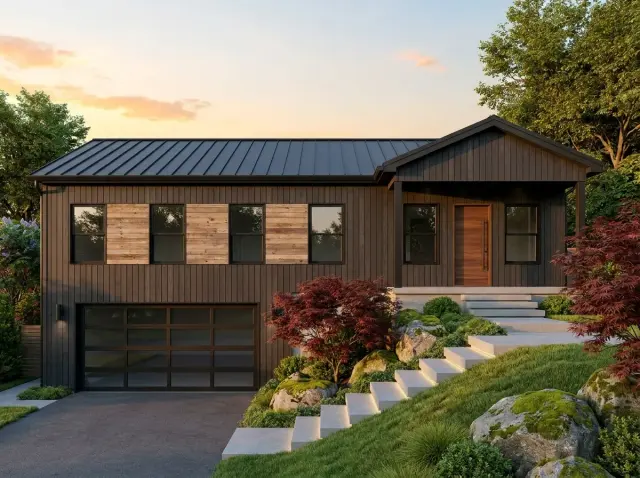 Dark Modern Walkout Exterior with Natural Landscaping