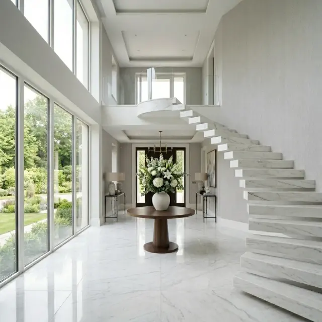 Grand White Marble Entryway with Floating Stairs