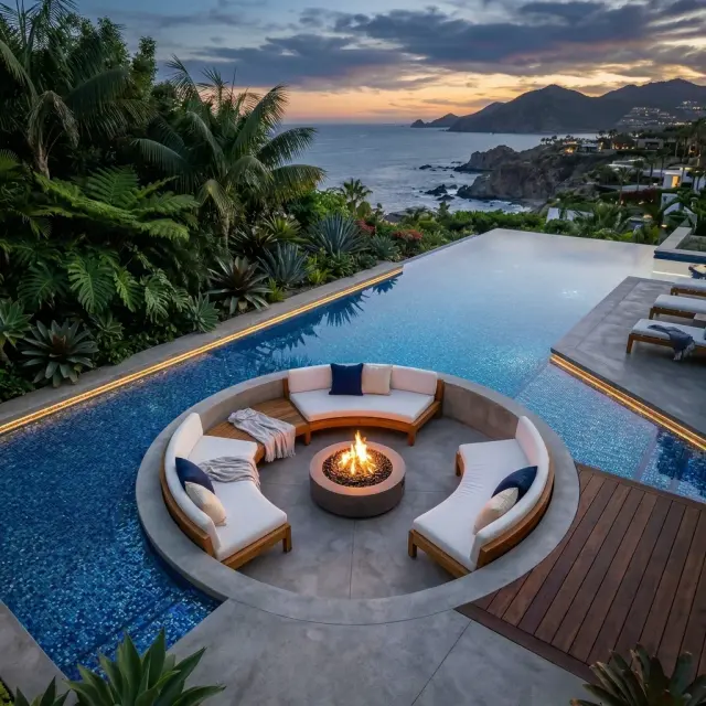 Dreamy Sunken Fire Pit Lounge inside an Infinity Pool