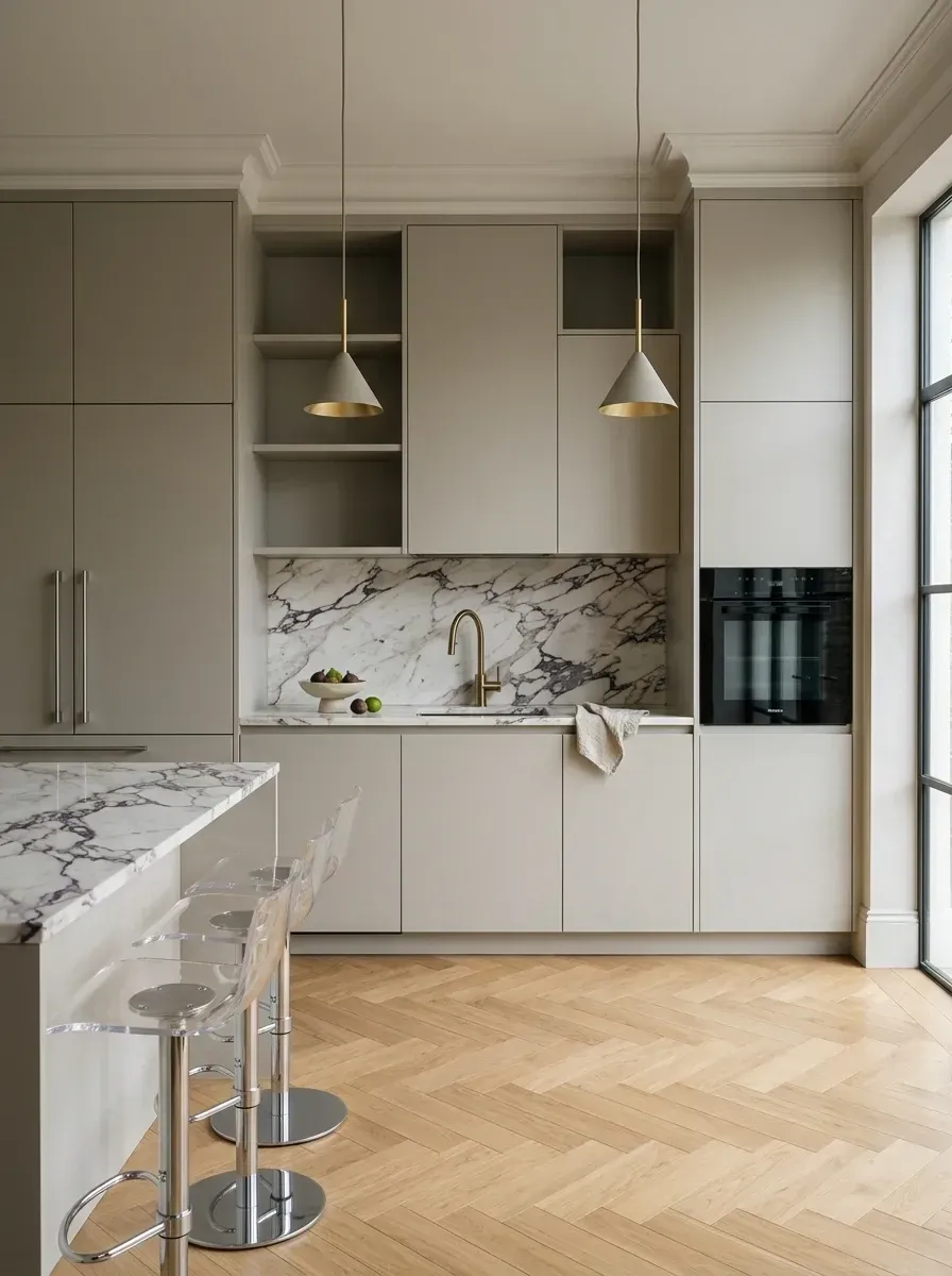 Quiet luxury kitchen with monochromatic matte taupe flat-panel cabinetry, integrated tall fridge and freezer columns flanking open shelving, dramatic full-height white and grey marble backsplash, brass cone pendants, herringbone oak flooring