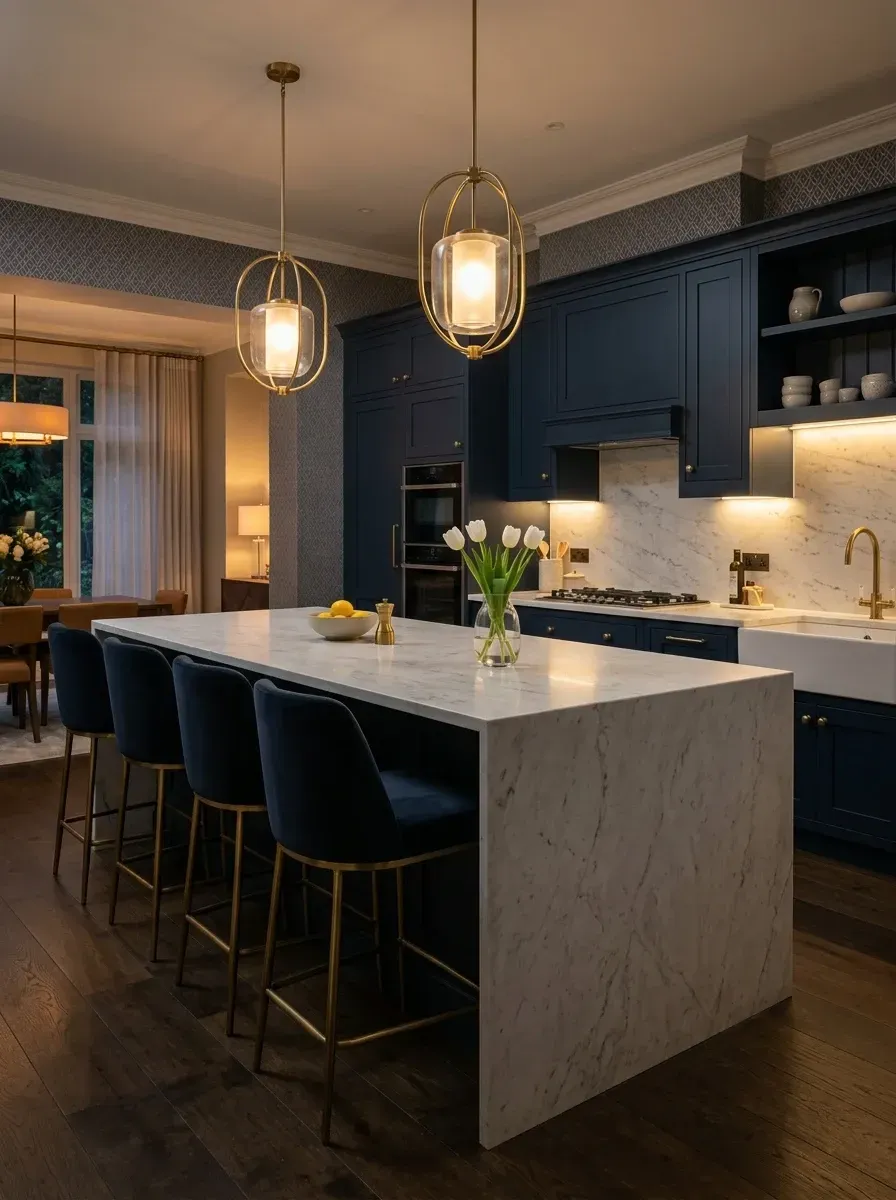 Dramatic deep navy blue shaker kitchen with integrated tall fridge columns flanking ovens, white and grey marble waterfall island, polished brass cabinet hardware and lantern pendants, dark oak flooring