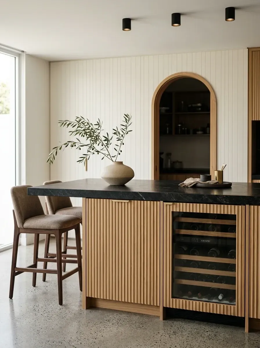 Quiet luxury kitchen with fluted white oak island cabinetry, honed black granite or soapstone countertops, flush-installed beverage center with black frame, vertical shiplap wall paneling, and arched doorway