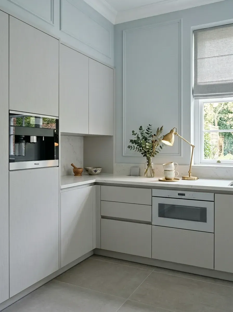 Pale powder blue traditional shaker kitchen with built-in Miele coffee system exposed as a tech focal point, integrated undercounter dishwasher panel matched to surrounding shaker doors, white quartz countertop, brass articulating wall lamp