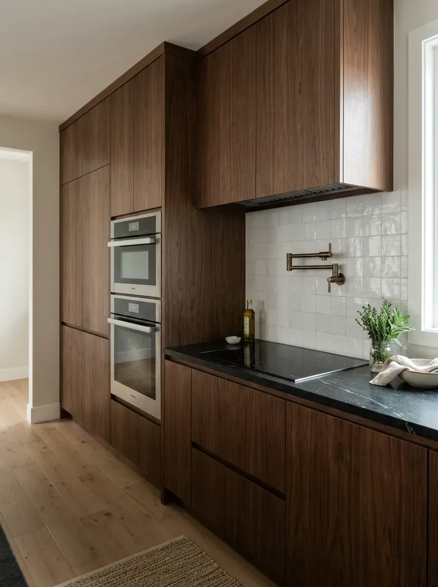 Quiet luxury kitchen with full-height sequenced walnut veneer cabinetry, exposed double stacked Wolf or Miele ovens as functional centerpiece, honed black soapstone counters, off-white zellige-style backsplash, brass pot filler