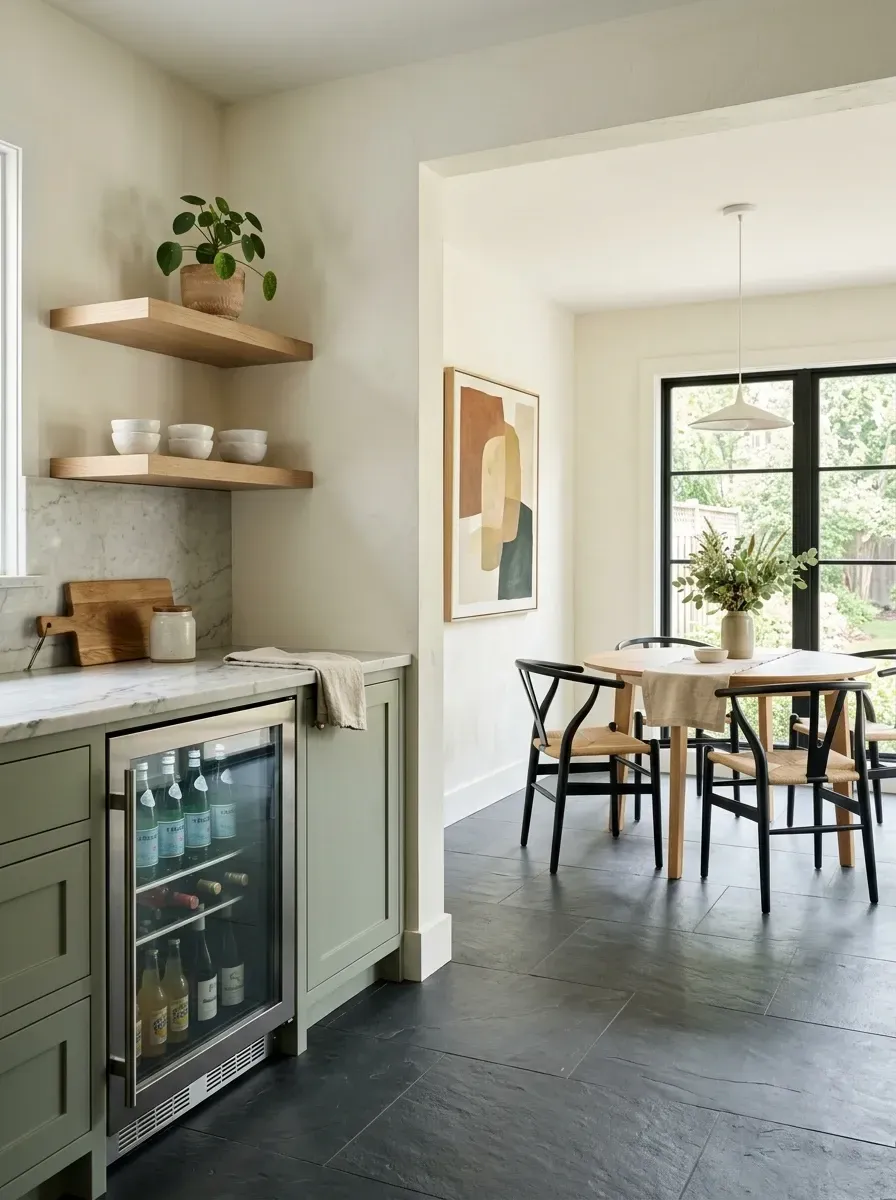 Sage green and oak organic modern kitchen with shaker lower cabinets, thick oak floating shelves, exposed glass-front beverage center in island, marble counters, black slate herringbone floor, black framed Marvin windows and dining chairs