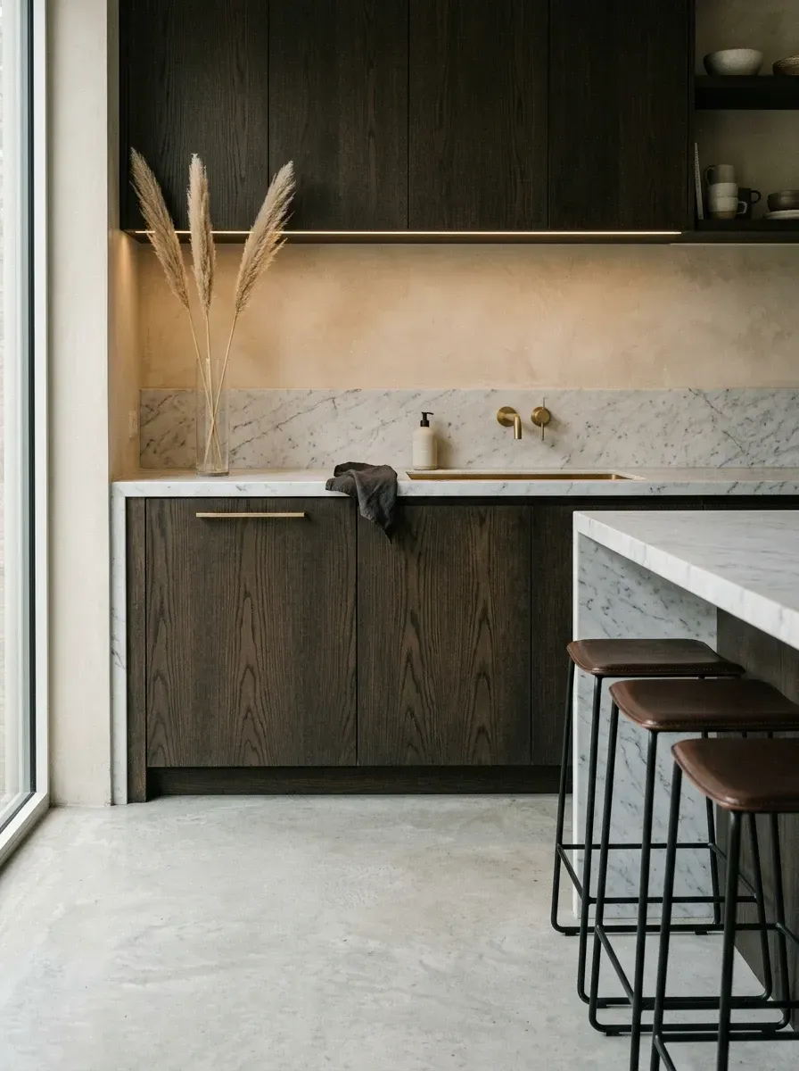 Wabi-sabi minimalist kitchen with dark stained oak handleless cabinetry, push-to-open integrated dishwasher, polished concrete flooring, honed white marble countertop and integral shelf, brass wall-mounted faucet