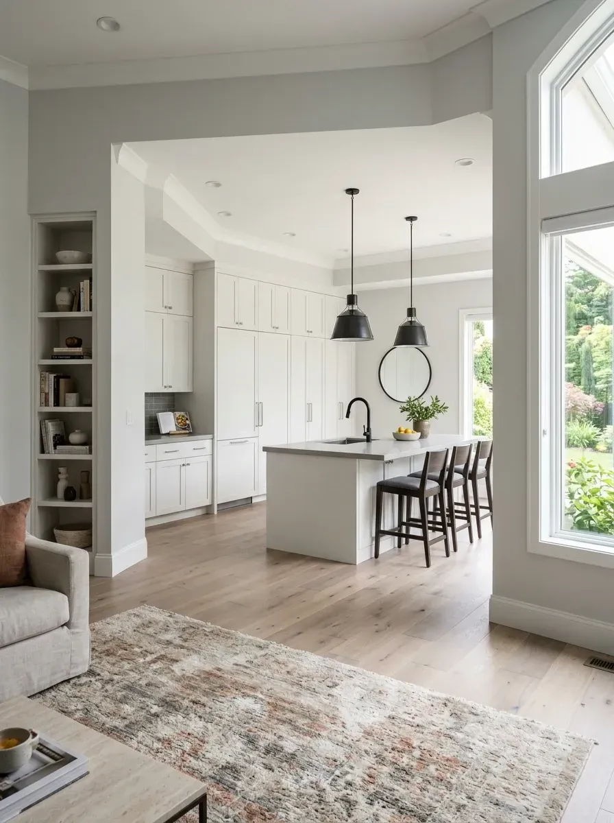 Massive open-plan white shaker kitchen with tall integrated 36-inch fridge column paneled to match shaker cabinetry, large central island with grey quartz top, wide plank light oak flooring, black industrial pendant lighting