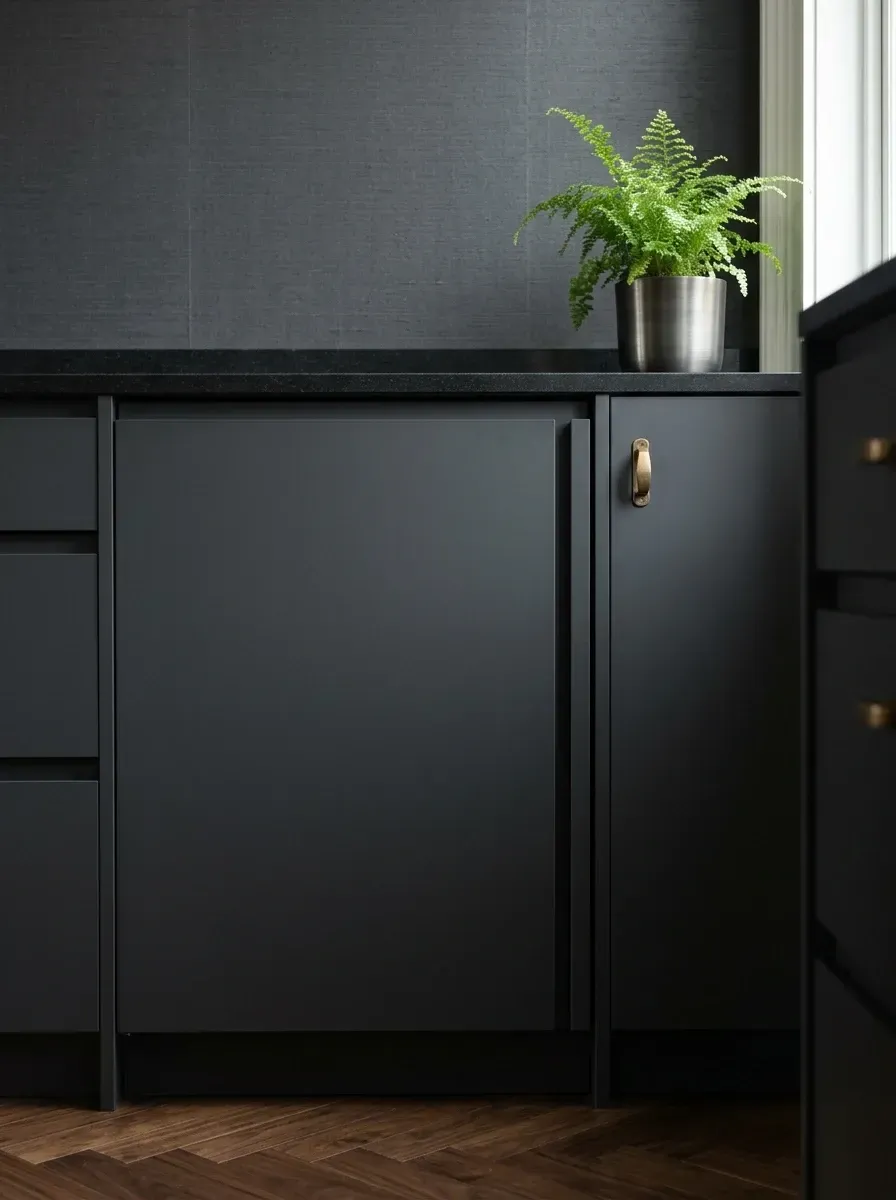 Detail close-up of matte dark grey flat-panel cabinetry with integrated undercounter appliance, subtle brass finger pull hardware, absolute black quartz countertop, dark walnut herringbone floor showing the precision of uniform reveal gaps