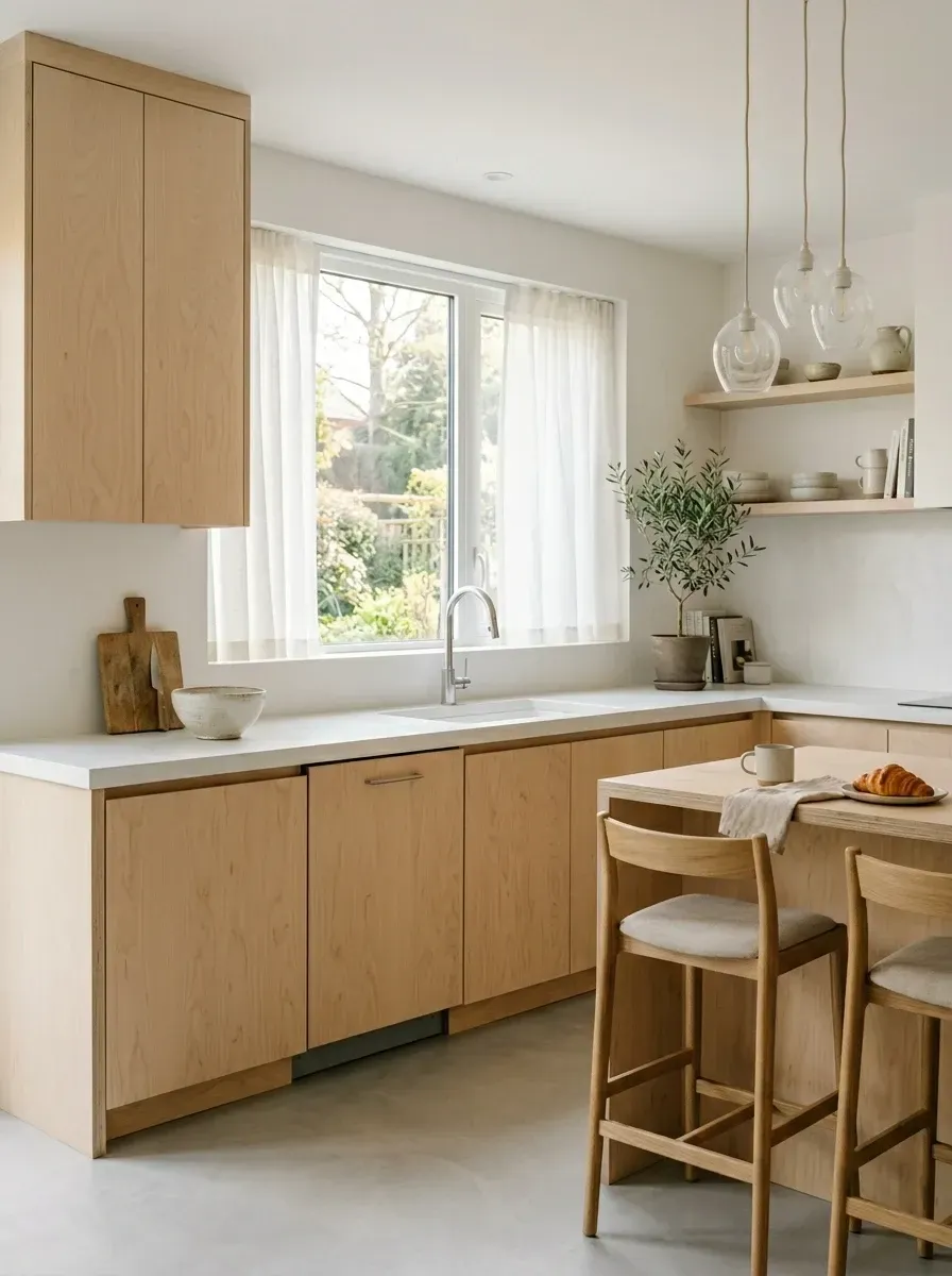 Scandinavian style affordable luxury kitchen with light birch or ash flat panel veneer cabinetry, integrated dishwasher panel concealed beside sink, polished concrete floors, thin white quartz countertops, open timber shelving