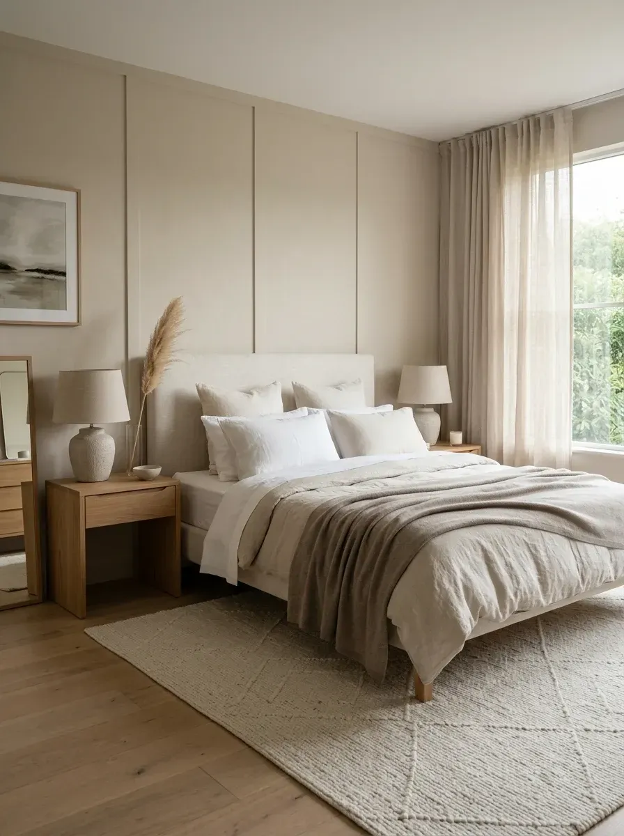 Quiet luxury bedroom with applied wall molding and recessed picture-frame paneling, layered linen bedding in crisp white and oatmeal, minimalist white oak nightstands, textured cream ceramic table lamps, and ceiling-mounted floor-to-ceiling sheer linen curtains