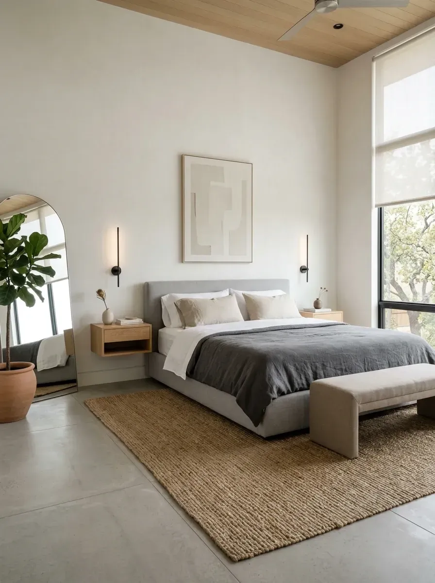 Modern quiet luxury primary bedroom with high ceilings clad in warm honey wood planks, polished concrete floors, low-profile upholstered platform bed in cream linen, charcoal grey duvet, floating walnut nightstands, minimalist brass wall sconces, large arched floor mirror, and oversized jute rug