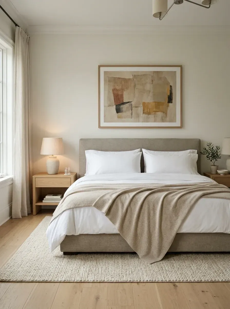 Quiet luxury bedroom with single oversized abstract art print in warm ochre and rust tones above an upholstered cream linen bed frame, white percale cotton bedding, cashmere-blend throw at the foot of the bed, classic light oak nightstands, layered woven wool rug, and linen drapery