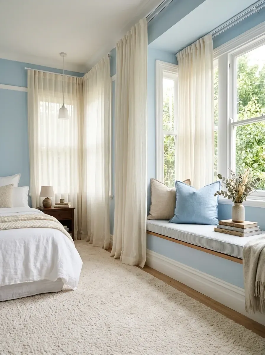 Quiet luxury bedroom in pale desaturated sky-blue with custom built-in window seat and bench cushion, extensive ceiling-mounted floor-to-ceiling sheer linen drapery, white linen bedding, small wooden nightstand, single pendant light, and high-pile textured wool carpet