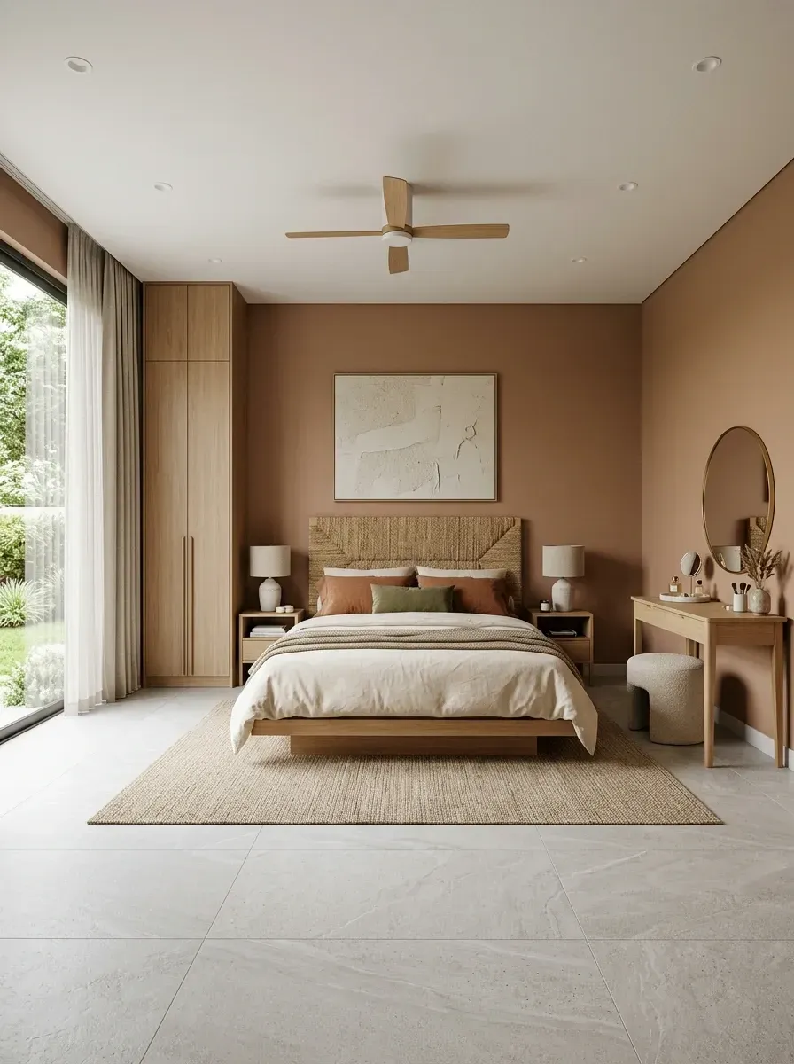 Warm quiet luxury bedroom with rich muted terracotta painted walls, oversized natural seagrass woven headboard, floating light oak bed frame, creamy beige cotton-and-linen bedding, large jute area rug, dedicated wood vanity table with round mirror and bouclé stool, and warm-tone ceramic table lamps