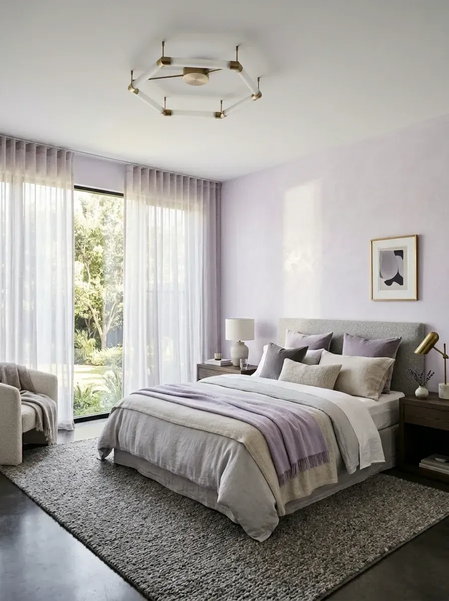 Quiet luxury bedroom with hand-applied Roman clay plaster walls in pale desaturated lavender, sculptural modern brass and seeded glass chandelier, upholstered medium grey bed, layered linen and velvet bedding in muted plum and grey, satin brass bedside sconce, and cream performance-bouclé reading armchair