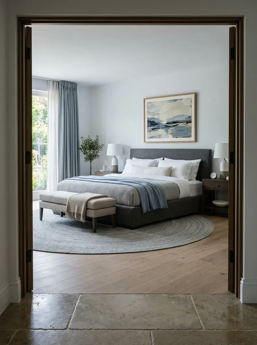 Pale blue-grey quiet luxury bedroom viewed through a framed doorway with large round natural braided wool area rug under bed, upholstered charcoal grey bed and end-of-bed bench, slate blue linen drapery and matching throw, dark walnut nightstands, ceramic lamps, wide-plank medium oak floor, and a tall faux olive tree
