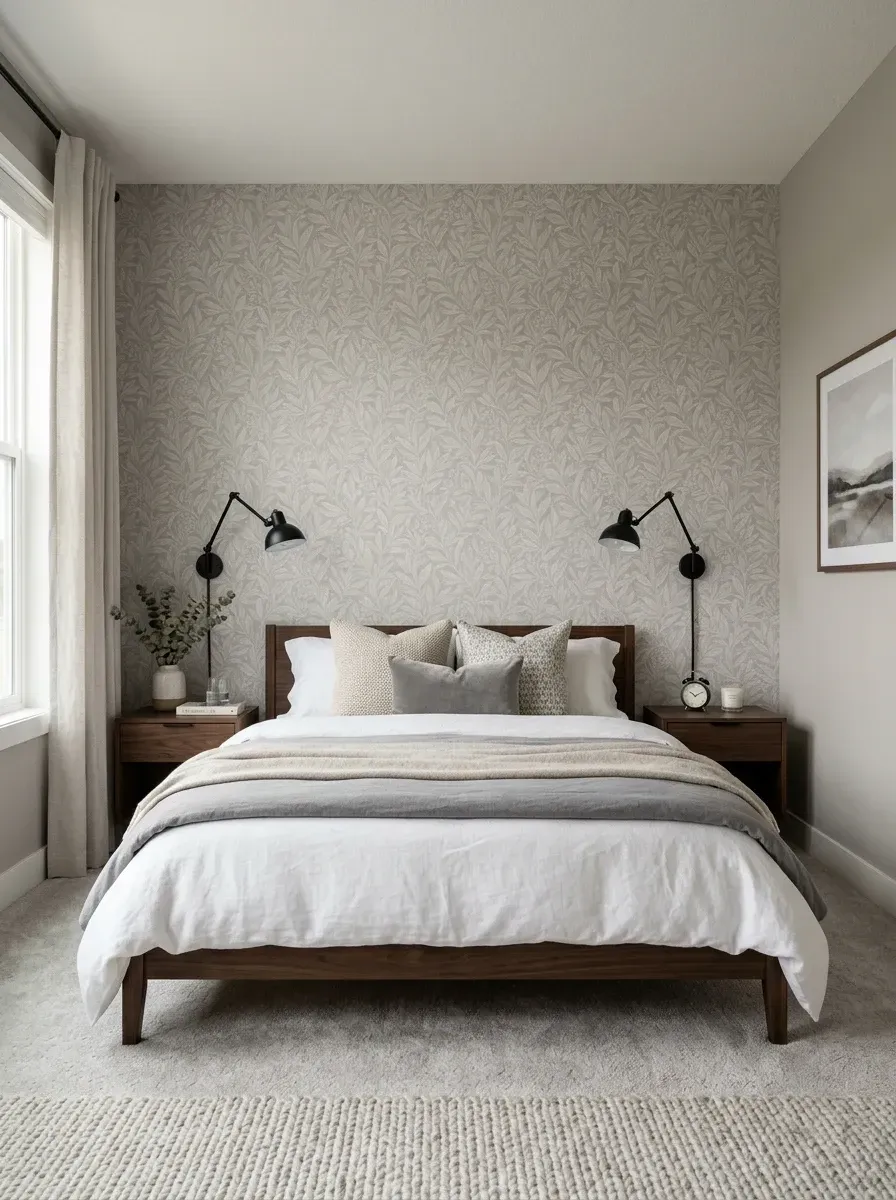 Cozy quiet luxury bedroom with delicate low-contrast tone-on-tone botanical wallpaper in soft grey and beige, mid-century modern American walnut bed and matching nightstands, matte black swing-arm wall sconces, chunky knit hand-loomed cream wool area rug, layered linen and cotton bedding, and a single small framed botanical print