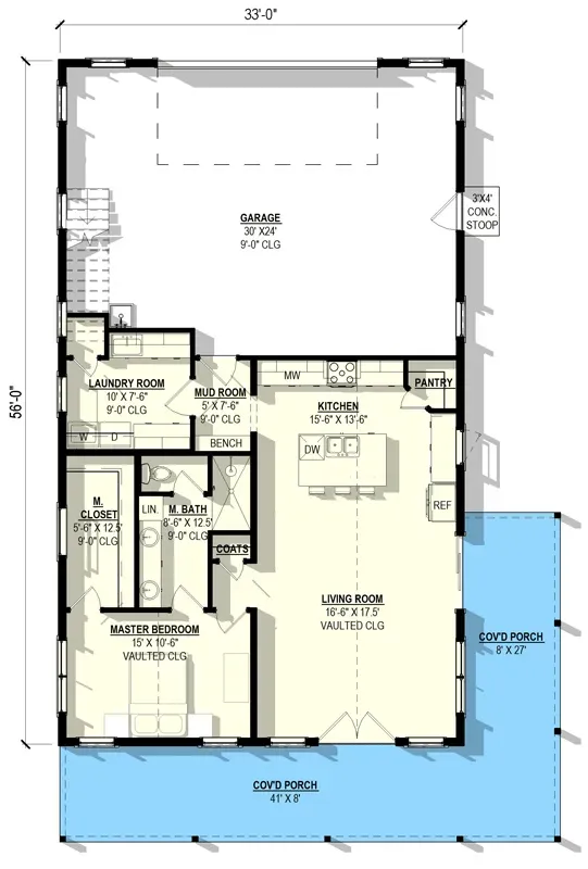 Main level floor plan for Plan 405151FDC — 33 by 56-foot two-story barndominium with vaulted master suite at rear-left, 16-foot-6 by 17-foot-5 vaulted living room, 15-foot-6 by 13-foot-6 kitchen with island and walk-in pantry, mudroom bench, main-level laundry, 41-by-8 front porch, 8-by-27 side porch, and 30-by-24 two-car garage at the forward end