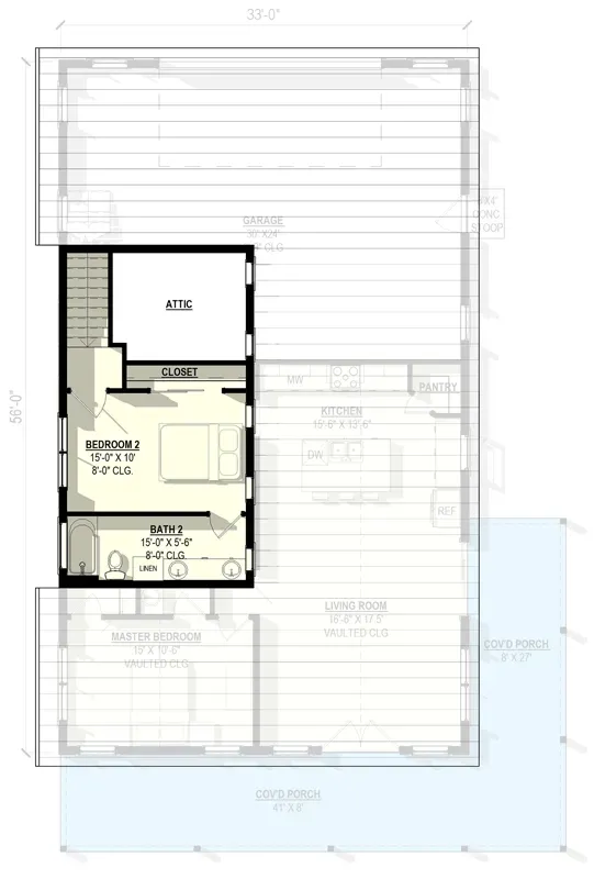 Second floor plan for Plan 405151FDC showing a 15-by-10 Bedroom 2, a full Bath 2, hallway closet, and dedicated attic storage room above the garage