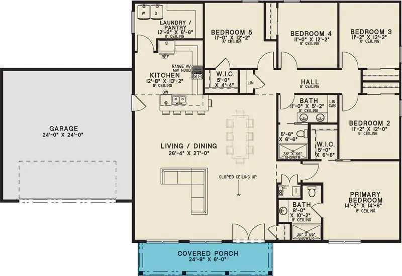 Main level floor plan of single-story modern barndominium with five bedrooms, three bathrooms, central open great room with sloped ceiling, kitchen anchored by large island, combined laundry-pantry-mudroom serving as garage entry, primary suite on one wing with walk-in closet and dual-vanity bath, four secondary bedrooms sharing hall bath and Jack-and-Jill bath on opposite wing, rear covered porch