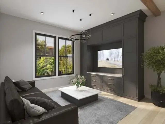 Dining area with large black-framed windows and neutral wall tones beside the open great room