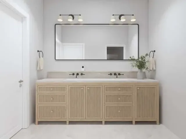 Home office with large windows and a quiet neutral palette