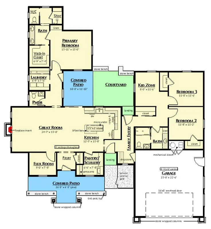 Main level floor plan of Plan 180028VNW showing the 66 by 72 foot single-story footprint organized around a central courtyard, with a 24 foot 7 inch by 15 foot great room with fireplace, an open kitchen with island and pantry-scullery, a primary suite on the left wing with walk-in closet and direct laundry access, two secondary bedrooms and a Kid Zone on the right wing, a foyer with adjacent flex room, and a two-car garage entering through a family drop zone